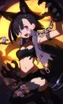  1girl absurdres animal_ears black_hair broken broken_chain chain claws collar english_commentary halloween highres midriff navel original paws purple_eyes short_hair solo tail torn_clothes tostantan vest werewolf wolf_ears wolf_tail zipper zipper_pull_tab 