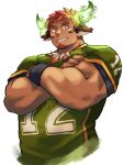  1boy absurdres american_football_uniform animal_ears bara brown_hair cow_boy cow_ears cropped_torso crossed_arms eye_black facial_hair fiery_horns forked_eyebrows glowing_horns goatee highres horns looking_at_viewer male_focus muscular muscular_male pectorals short_hair sideburns smile solo sportswear thick_eyebrows tokyo_afterschool_summoners wakan_tanka white_background zoyu_(wuedti) 