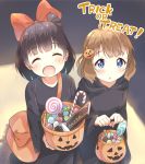 2girls :d :o bag bangs black_cloak blue_eyes bow brown_hair candy candy_cane carrying chocolate cloak closed_eyes commentary cosplay english_text eyebrows_visible_through_hair food hair_bobbles hair_ornament halloween halloween_basket halloween_costume holding hood hood_down hooded_cloak idolmaster idolmaster_million_live! jack-o&#039;-lantern jack-o&#039;-lantern_hair_ornament kiki kiki_(cosplay) lollipop long_sleeves looking_at_viewer majo_no_takkyuubin medium_hair multiple_girls nakatani_iku open_mouth red_bow satchel smile standing suou_momoko toma_(shinozaki) trick_or_treat 