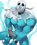  1boy abs bara bare_chest blue_skin chest collar erection feet_out_of_frame ghost_costume halloween halloween_costume highres male_focus metal_collar monster_boy muscle navel nipples nude original penis precum slave solo spread_legs tamazukiyama torn_clothes uncensored veins veiny_penis 