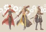  3boys archer archer_(cosplay) bare_chest beige_background black_pants brown_hair cape cornrows cosplay costume_switch dark_skin dual_wielding emiya_alter emiya_alter_(cosplay) emiya_shirou expressionless fate/grand_order fate/stay_night fate_(series) full_body highres holding igote kanshou_&amp;_bakuya limited/zero_over looking_at_viewer male_focus messy_hair multiple_boys pants ro_(pixiv34009774) sandals sengo_muramasa_(fate) sengo_muramasa_(fate)_(cosplay) shoes smile standing sword waist_bow weapon white_cape white_hair yellow_eyes 