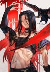  1boy bandeau bird black_gloves black_hair blood bridal_gauntlets collar collarbone forehead frown gloves guilty_gear guilty_gear_xx hungry_clicker long_hair looking_at_viewer navel raven_(animal) red_eyes testament_(guilty_gear) traditional_media 