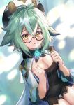  1girl animal_ears beret blush bobo_(6630978) breasts cat_ears cat_girl cleavage dress genshin_impact glasses gold_trim green_hair hat highres looking_at_viewer multicolored_hair open_mouth orange_eyes ponytail semi-rimless_eyewear solo sucrose_(genshin_impact) thighs undressing vision_(genshin_impact) 