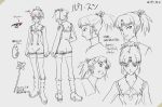  1girl 2000s_(style) boots character_sheet expressions gainax makeup monochrome notes official_art production_art ruu_soon sadamoto_yoshiyuki scarf solo top_wo_nerae_2! traditional_media 