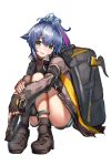  1girl absurdres animal_ears arknights axe backpack bag black_backpack black_jacket black_legwear blue_hair boots burnt_clothes cat_ears eyebrows_visible_through_hair green_eyes gun highres holding holding_gun holding_weapon jacket jessica_(arknights) jessica_(ash)_(arknights) multicolored_hair nervous official_alternate_costume open_clothes open_jacket open_mouth ponytail purple_hair simple_background single_thighhigh sitting solo sweat sweatdrop taku57 thighhighs thighs weapon white_background 