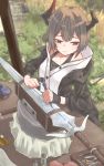 1girl apron arknights artist_name black_apron black_jacket broken_horn brown_hair buttons chisel hammer highres holding holding_hammer horns jacket jl_tan oripathy_lesion_(arknights) outdoors red_eyes runes short_hair solo sword the_witcher twitter_username vial vulcan_(arknights) weapon 