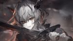  1girl arknights attempted_suicide black_eyes blurry depth_of_field dragon_horns glowing glowing_eyes grey_hair grin holding holding_sword holding_weapon horns looking_at_viewer medium_hair official_art smile smirk smoke solo spoilers sword talulah_(arknights) upper_body weapon 