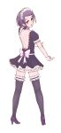  1girl alternate_costume back_bow backless_dress backless_outfit bangs black_legwear bow dokidoki!_precure dress enmaided frilled_dress frills from_above full_body garters grey_background half-closed_eyes high_heels highres kenzaki_makoto layered_dress looking_at_viewer looking_back maid maid_headdress open_mouth precure pumps purple_eyes purple_footwear purple_hair shiny shiny_hair short_dress short_hair shoulder_blades simple_background solo swept_bangs thighs unpale white_bow wrist_cuffs 