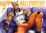  1boy animal_costume animal_ears ass_visible_through_thighs bara bare_arms blonde_hair brown_hair bulge candy chest chest_hair erection erection_under_clothes facial_hair food halloween halloween_costume happy_halloween highres leg_up male_focus multicolored_hair muscle nipple_slip nipples orange_pants original short_hair sideburns solo spread_legs stubble tail tank_top thick_thighs thighs two-tone_hair veins werewolf white_tank_top wolf_boy wolf_costume wolf_ears wolf_tail yzpyn 