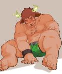  1boy abs animal_ears bara blush boxers brown_hair bulge chest cow_ears facial_hair feather_necklace forked_eyebrows full_body glowing_horns goatee green_boxers horns male_focus muscle navel nipples short_hair sideburns solo spread_legs thick_eyebrows thick_thighs thighs tokyo_houkago_summoners towel towel_around_neck underwear underwear_only wakan_tanka zuoyu4 