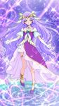  1girl anklet bangs blue_eyes circlet closed_mouth collarbone criss-cross_halter cure_earth dress elbow_gloves full_body fuurin_asumi gloves halterneck healin&#039;_good_precure highres jewelry layered_skirt long_hair looking_at_viewer miniskirt parted_bangs precure pumps purple_dress purple_footwear purple_hair shiny shiny_hair skirt skirt_under_dress smile solo thighlet tj-type1 very_long_hair white_gloves white_skirt 