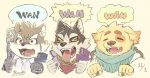  anthro barking begging begging_pose bird_dog canid canine canis chain cu_sith_(tas) domestic_dog english_text fur fuyoudo624 garmr golden_retriever group hunting_dog male mammal moritaka multicolored_body multicolored_fur pose retriever scar text tokyo_afterschool_summoners video_games yellow_body yellow_fur 