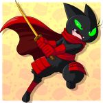  1:1 4_toes 5_fingers anthro cape cartoon_network clothing domestic_cat fangs felid feline felis fingers gloves green_eyes handwear holding_object holding_weapon male mammal mao_mao:_heroes_of_pure_heart melee_weapon open_mouth pupils sharp_teeth sheriff_mao_mao_mao simple_background slit_pupils solo sword teeth toes tongue weapon yellow_background 