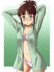  1girl akizuki_ritsuko arms_behind_head arms_up bangs blush bow bow_bra bow_panties bra breasts brown_eyes brown_hair cleavage commentary_request cowboy_shot crotch_seam eyebrows_visible_through_hair glasses green_background green_shirt grey_bra grey_panties hair_ornament hairpin highres idolmaster idolmaster_(classic) lace lace-trimmed_bra lace_trim lielos lingerie looking_at_viewer medium_breasts mouth_hold navel no_pants open_clothes open_shirt outside_border pajamas panties partial_commentary shirt short_hair solo standing tied_hair underwear white_bra 