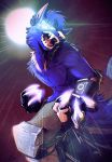  anthro blue_body blue_fur bottomwear canid canine canis claws clothed clothing fur halloween hi_res holidays male mammal metal moon mrjimmydafloof night open_mouth pants solo topless topless_male varrek were werecanid werecanine werewolf wolf 