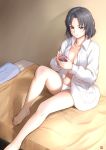  1girl bare_legs black_eyes black_hair blanket breasts cleavage collarbone commission english_commentary finalcake food highres holding ice_cream ice_cream_cup ice_cream_spoon jacket kara_no_kyoukai no_bra on_bed panties pillow ryougi_shiki sitting solo spoon underwear white_jacket white_panties 