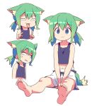  1girl anger_vein animal_ear_fluff animal_ears bangs barefoot blue_eyes blush closed_mouth commentary_request cropped_torso eyebrows_visible_through_hair green_hair hair_between_eyes highres looking_at_viewer low_twintails multiple_views open_mouth original parted_lips pointing purple_tank_top roku_no_hito shaded_face short_shorts short_twintails shorts simple_background sitting smile soles tail tank_top twintails v-shaped_eyebrows white_background white_shorts 