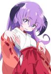  1girl detached_sleeves eyebrows_visible_through_hair eyes_visible_through_hair hakama hanyuu higurashi_no_naku_koro_ni horns ixy japanese_clothes long_hair looking_at_viewer purple_eyes purple_hair red_hakama simple_background solo white_background wide_sleeves 