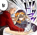  1boy 1girl abigail_williams_(fate/grand_order) archer arm_wrestling blonde_hair closed_eyes dark_skin fate/grand_order fate_(series) gameplay_mechanics hair_ribbon image_sample long_hair murakami_yuichi ribbon shaded_face strong table twitter_sample white_hair 