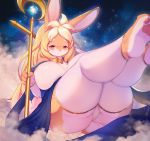  anthro big_breasts big_butt blonde_hair blush breasts butt clothing detailed_background female fingers fur hair hi_res huge_breasts huge_butt kemono lagomorph legwear long_hair looking_at_viewer mammal panties smile solo staff stockings thick_thighs thigh_highs underwear white_body white_fur whooo-ya 