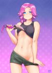  1girl :3 bare_arms blue_eyes closed_mouth collarbone commission cowboy_shot dagger english_commentary finalcake flat_chest highres holding holding_dagger holding_weapon looking_at_viewer maeve_(paladins) navel paladins pink_hair short_shorts shorts smile solo standing tank_top weapon 