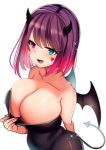  1girl abi_(abimel10) bare_shoulders bat_wings blush breasts cleavage clothes_pull demon_girl demon_tail fang gradient_hair halloween highres horns large_breasts long_hair looking_at_viewer mole mole_on_breast multicolored_hair original pink_hair pink_nails purple_hair shiny shiny_skin skindentation smile solo succubus tail wings 