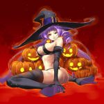  1girl ass black_panties boots breasts commentary covered_nipples don_(rg06268) halloween hat high_heels highres jack-o&#039;-lantern large_breasts lingerie long_hair macross macross_delta mikumo_guynemer panties purple_hair red_eyes sitting smirk solo thigh_boots thighhighs thong underwear very_long_hair wariza witch_hat 