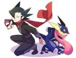  1boy bangs black_hair black_wristband commentary_request cosplay fingernails flowing_scarf gen_6_pokemon greninja grey_eyes grimsley_(pokemon) hair_over_one_eye hand_up highres kneeling koga_(pokemon) koga_(pokemon)_(cosplay) lobolobo2010 looking_at_viewer parted_lips pokemon pokemon_(creature) pokemon_(game) pokemon_bw raised_eyebrows red_scarf scarf smile wristband 