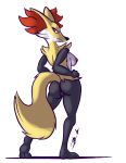  2018 annoyed anthro bassybefuddle black_body black_fur black_nose breasts butt canid canine countershade_face countershade_torso countershading delphox digital_media_(artwork) female frown fur genitals hand_on_hip inner_ear_fluff looking_at_viewer mammal multicolored_body multicolored_fur nintendo nipples nude paws pok&eacute;mon pok&eacute;mon_(species) pussy rear_view scowl side_boob simple_background solo standing tuft two_tone_body two_tone_fur video_games white_background white_body white_fur yellow_body yellow_fur 