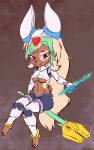  4_toes 5_fingers anthro armor backup4now barefoot breasts capcom celeste_(solarbunbun) clothed clothing cosplay female fingers fully_clothed hair hi_res lagomorph leporid long_hair mammal mega_man_(series) mega_man_zx melee_weapon navel pandora_(mega_man) polearm rabbit simple_background solo spear toes under_boob video_games weapon 