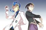  2boys arm_behind_back black_hair blonde_hair blue_hair buttons colress_(pokemon) commentary_request darach_(pokemon) from_below glasses gloves highres holding holding_poke_ball labcoat lobolobo2010 long_sleeves looking_at_viewer male_focus multicolored_hair multiple_boys pants parted_lips poke_ball poke_ball_(basic) pokemon pokemon_(game) pokemon_bw2 pokemon_dppt pokemon_platinum purple_pants short_hair two-tone_hair white_gloves yellow_eyes 