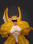  3:4 abs anthro biceps bound dragon genitals haduko1 hi_res kneeling male muscular muscular_anthro muscular_male open_mouth ophion pecs penis solo submissive submissive_male tokyo_afterschool_summoners video_games wings yellow_body 