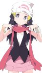  1girl beanie blue_eyes blue_hair bracelet closed_mouth dawn_(pokemon) hat ixy jewelry long_hair looking_at_viewer pink_skirt pokemon pokemon_(game) pokemon_dppt red_scarf scarf simple_background skirt sleeveless solo white_background white_headwear 