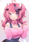  1girl absurdres artist_name breasts character_name commission cowlick english_commentary highres horns indie_virtual_youtuber ironmouse looking_to_the_side medium_breasts pink_hair purple_eyes sa9no second-party_source solo twintails virtual_youtuber 