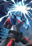  electricity gamiani_zero getter_robo highres looking_up mecha neo_getter-1 no_humans open_hands science_fiction shin_getter_robo_vs_neo_getter_robo solo super_robot wind yellow_eyes 