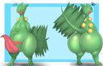  2020 absurd_res animal_genitalia anthro big_butt big_penis blue_background blue_eyes border butt erection front_view genital_slit genitals green_body hi_res huge_butt looking_at_genitalia looking_at_penis looking_at_viewer looking_back looking_down male nintendo nude pandashorts penis pok&eacute;mon pok&eacute;mon_(species) rear_view sceptile simple_background slit solo standing tapering_penis thick_thighs video_games white_border yellow_sclera 
