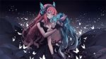  2girls artist_name blue_eyes blue_hair butterfly_wings commission english_commentary hatsune_miku headphones highres hug long_hair looking_at_viewer magnet_(vocaloid) megurine_luka multiple_girls pink_hair vocaloid wings yoclesh 