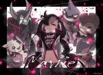  1girl artist_name asymmetrical_bangs bangs black_choker black_hair character_name choker closed_mouth coat commentary_request eyelashes gen_4_pokemon gen_5_pokemon gen_8_pokemon grimmsnarl hair_over_one_eye hair_ribbon hands_in_pockets highres liepard long_sleeves looking_at_viewer marnie_(pokemon) morpeko morpeko_(full) navel odd_(hin_yari) open_clothes pink_eyes pokemon pokemon_(creature) pokemon_(game) pokemon_swsh ribbon scrafty smile toxicroak watermark 