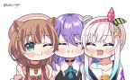  3girls airani_iofifteen ayunda_risu blonde_hair brown_hair chibi closed_eyes green_eyes highres hololive hololive_indonesia kukie-nyan looking_at_viewer moona_hoshinova multiple_girls one_eye_closed open_mouth purple_hair smile virtual_youtuber white_background 