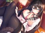  aqua_eyes black_hair breasts itsui_(dihydrogenmonoxid) long_hair nipples open_shirt original school_uniform skirt thighhighs 