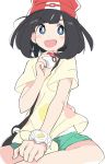  1girl :d beanie black_hair blue_eyes blush_stickers eyebrows_visible_through_hair green_shorts hat holding holding_poke_ball ixy open_mouth poke_ball poke_ball_(basic) pokemon pokemon_(game) pokemon_sm red_headwear selene_(pokemon) shirt short_hair short_sleeves shorts simple_background smile solo tied_shirt upper_teeth white_background yellow_shirt z-ring 
