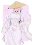  1girl absurdres adjusting_clothes adjusting_headwear breasts closed_mouth dress hat highres lamia large_breasts long_dress long_hair long_sleeves monster_girl monster_girl_encyclopedia pointy_ears red_eyes shirohebi_(monster_girl_encyclopedia) smile solo stormcow straight_hair tail vietnamese_dress white_dress white_hair 
