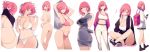  1girl armpits arms_up ass backpack bag bra breasts cleavage crossed_legs dress headphones headphones_around_neck highres jewelry large_breasts looking_back medium_hair midriff mikoto_akemi multiple_views musical_note navel necklace nude open_mouth original panties pants pink_bra pink_hair pink_panties pleated_skirt school_uniform shoes shorts skirt smile sneakers sports_bra strap_gap thighs top-down_bottom-up underwear white_bra white_panties yoga_pants 