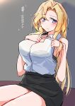  1girl black_skirt blonde_hair breasts commentary_request dress_shirt gradient gradient_background grey_background grey_eyes highres hornet_(kantai_collection) index_fingers_together kantai_collection komb large_breasts long_hair looking_at_viewer pencil_skirt shirt sitting skirt sleeveless sleeveless_shirt solo translated white_shirt 