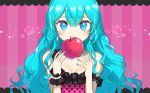  apple aqua_eyes aqua_hair food fruit hatsune_miku hyokko_(hiyotuko) long_hair romeo_and_cinderella_(vocaloid) vocaloid waifu2x wristwear 