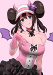  1girl :q absurdres bangs black_choker blue_eyes blush breasts brown_hair choker cleavage collarbone commentary_request double_bun fake_horns frills gen_1_pokemon gengar gloves hair_between_eyes head_tilt highres horns looking_at_viewer nishikino_kee pink_background pink_gloves pokemon pokemon_(game) pokemon_bw2 rosa_(pokemon) sidelocks simple_background smile solo tongue tongue_out two-tone_headwear visor_cap 