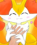  &lt;3 2020 ambiguous_gender big_ears blush braixen chest_tuft cute_expression disembodied_hand duo eiroru eyes_closed fluffy fluffy_tail front_view fur hand_holding hip_tuft holding_object human inner_ear_fluff long_tail looking_at_viewer mammal multicolored_body multicolored_fur multicolored_tail nintendo pok&eacute;mon pok&eacute;mon_(species) portrait semi-anthro shoulder_tuft simple_background smile tuft video_games white_body white_fur 