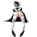  1girl all_fours alternate_costume ass ass_visible_through_thighs black_eyes black_hair blush enmaided hair_between_eyes loafers looking_at_viewer looking_back made_in_abyss maid multicolored_hair ozen panties panty_pull shoes skindentation solo thighhighs underwear white_background white_hair white_legwear white_panties 