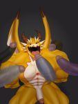  3:4 abs anthro biceps bound dragon genitals group haduko1 hi_res kneeling male multi_genitalia multi_penis muscular muscular_anthro muscular_male open_mouth ophion pecs penis penis_on_tongue submissive submissive_male tokyo_afterschool_summoners video_games wings yellow_body 