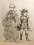  1girl animal_ears archery dog_ears family father_and_daughter hair_ornament han&#039;you_no_yashahime highres inuyasha inuyasha_(character) japanese_clothes katana long_hair monochrome moroha oooranje_nlj ponytail sword very_long_hair weapon 